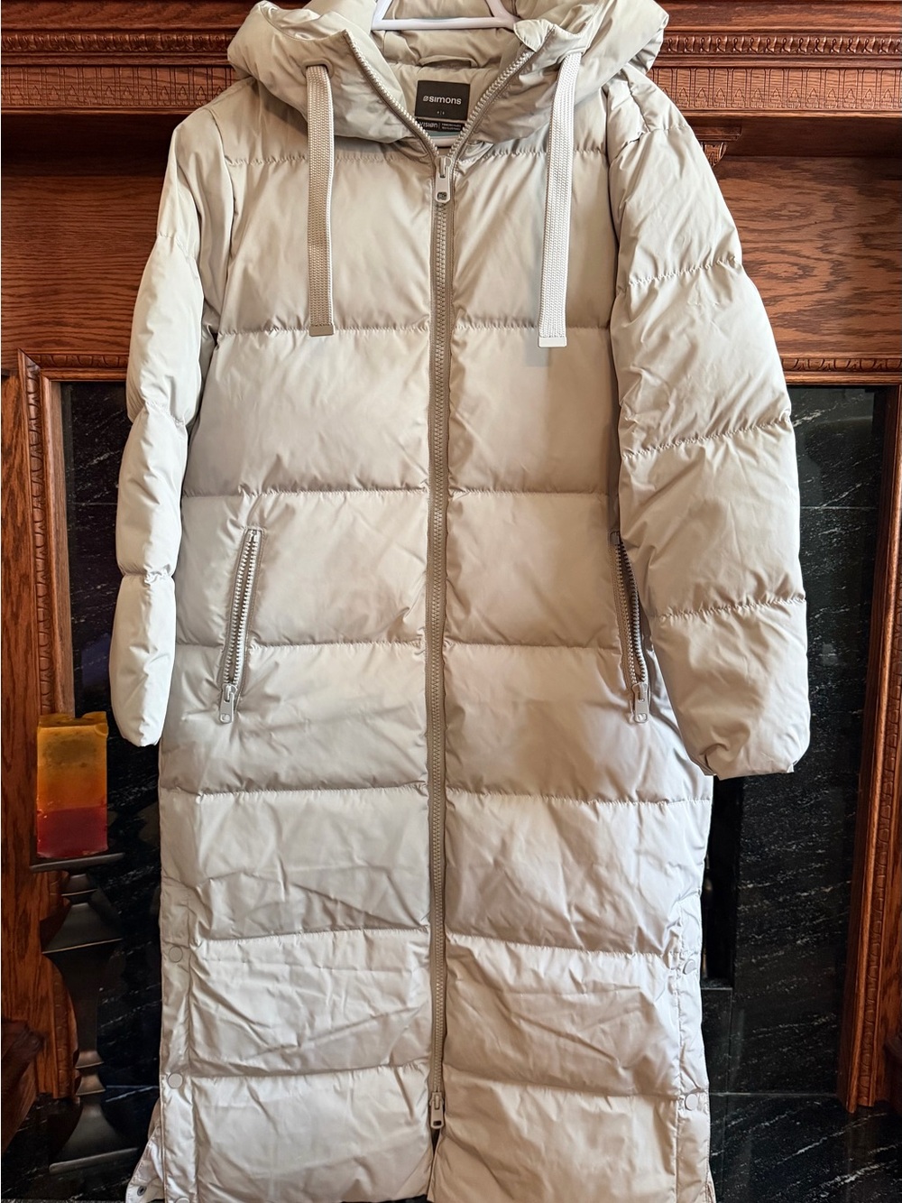 Simons Long Light Beige Puffer Coat with Hood